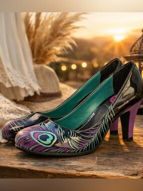 T.U.K. Peacock Heels Black Purple Sz 7 Rockabilly Pinup NIB